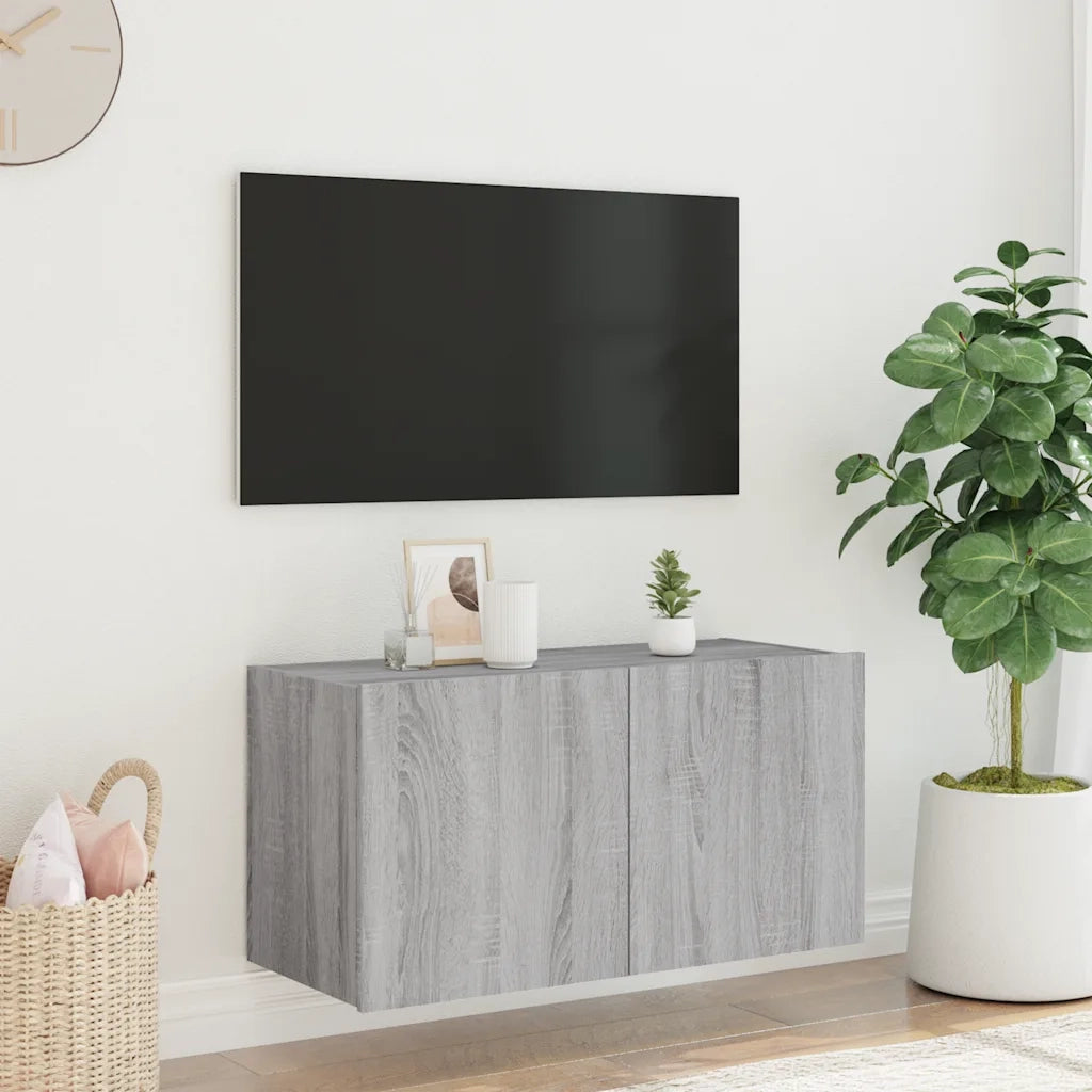Mobile TV a Parete con Luci LED-Mobile TV a Muro Grigio Sonoma 80x35x41 cm