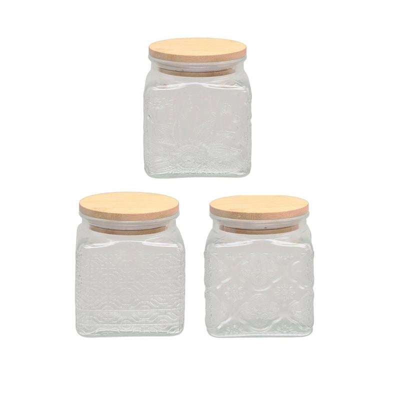 MA MAISON AQUARE SET 3 BARATTOLI QUADRATI IN VETRO CON TAPPO IN LEGNO 10X10 H CM FANTASIE ASSORTITE