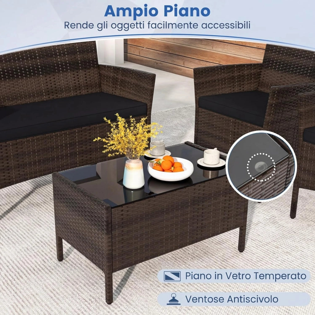 Salotto da Giardino Esterno 4 Pezzi, Set Giardino Esterno con Divanetto, 2 Poltrone e Tavolino da Caffè in Vetro Temperato, Salotto da Patio con Cuscini per Balcone, Veranda (Marrone+Nero)