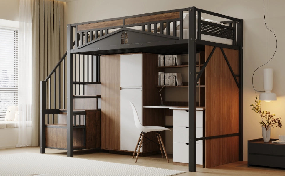 Letto a castello in metallo e legno nero 90x200 cm con recinzione di sicurezza e scala integrata