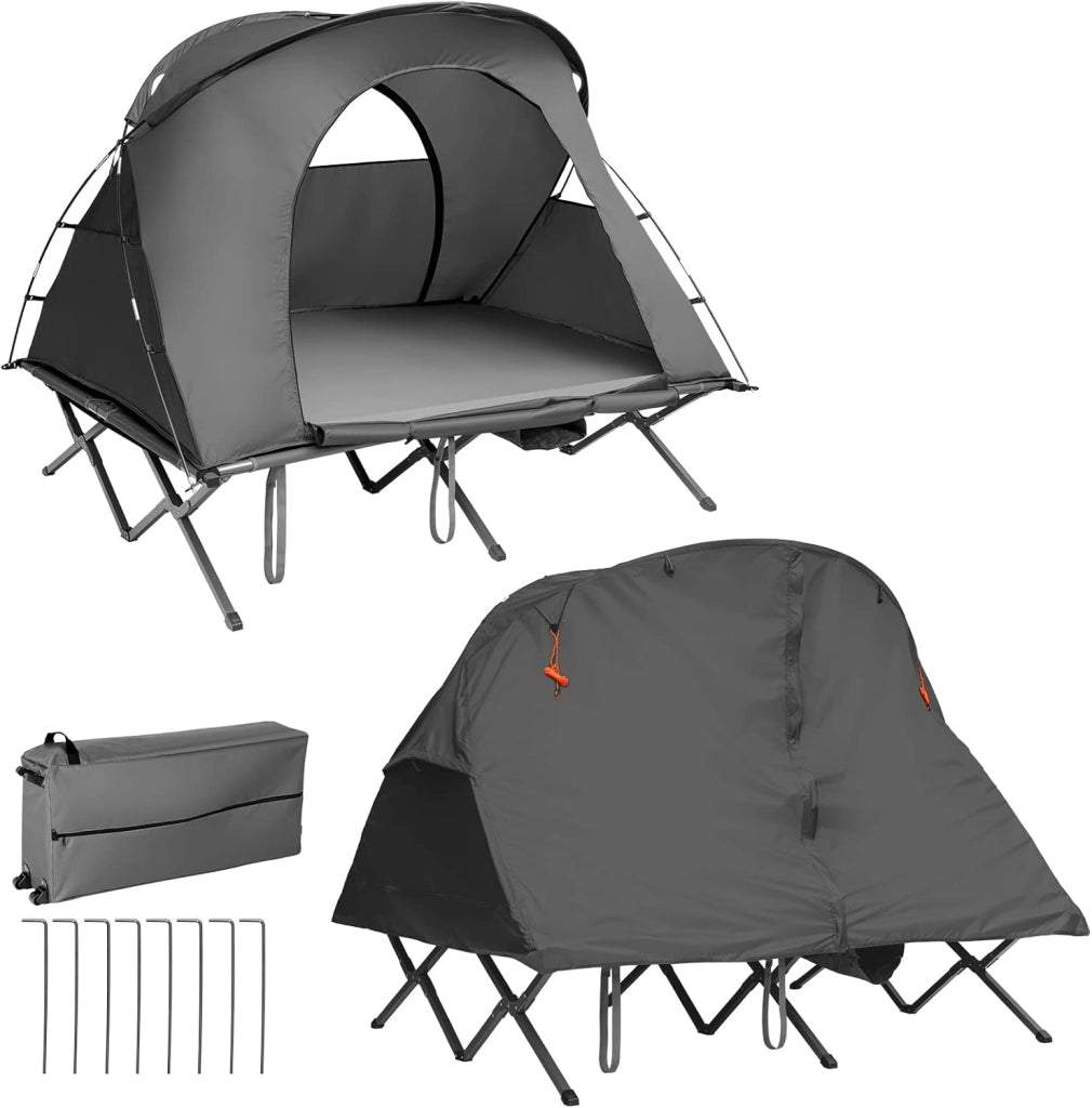 4 in 1 Tenda da Campeggio Rialzata per 2 Persone, Letto Brandina da Campeggio Pieghevole con Materasso Gonfiabile Automatico, Tenda a Doppio Strato Impermeabile e Antivento con Borsa
