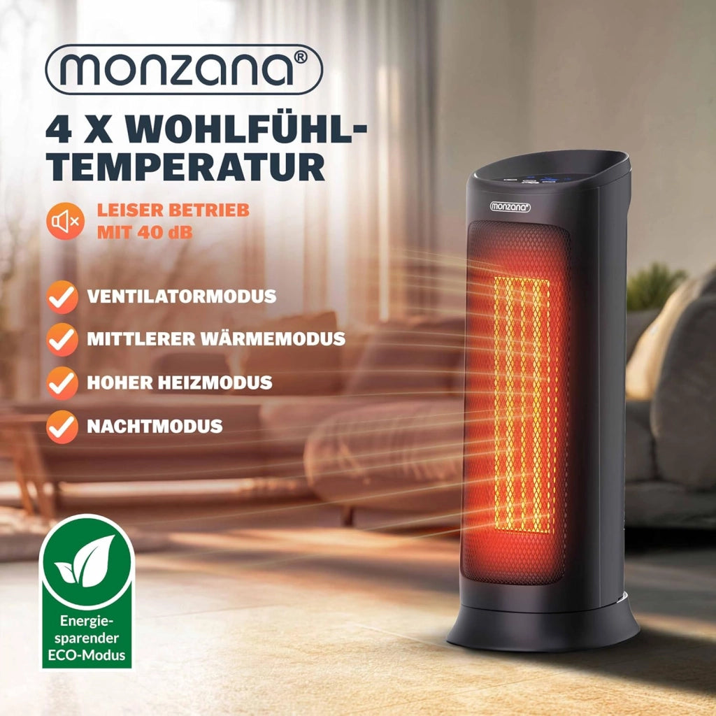 Monzana Stufa 2000W 15-40° Timer Telecomando Oscillazione 120° Timer Termoventilatore Risparmio Energetico Ceramico Nero