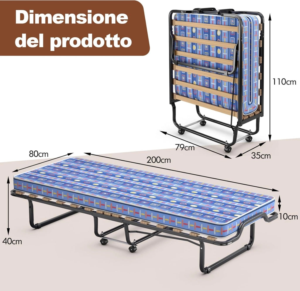 Letto Brandina Pieghevole, con Materasso in Memory Foam, Struttura Resistente e 4 Ruote Girevoli, Lettino Pieghevole, 200 x 80 x 40cm, Made in Italy (Blu)