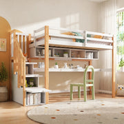 Letto a soppalco per bambini con scrivania, scale contenitore e ripiani