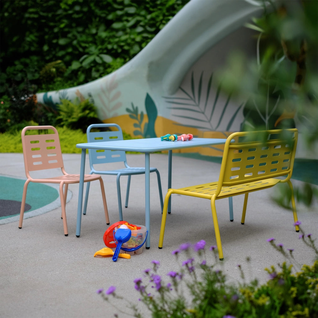 Set di 4 Mobili Etroubles per Bambini Tavolino Panca e 2 Sedie per Esterno e Interno - Giallo/Celeste/Pesca casa.pro