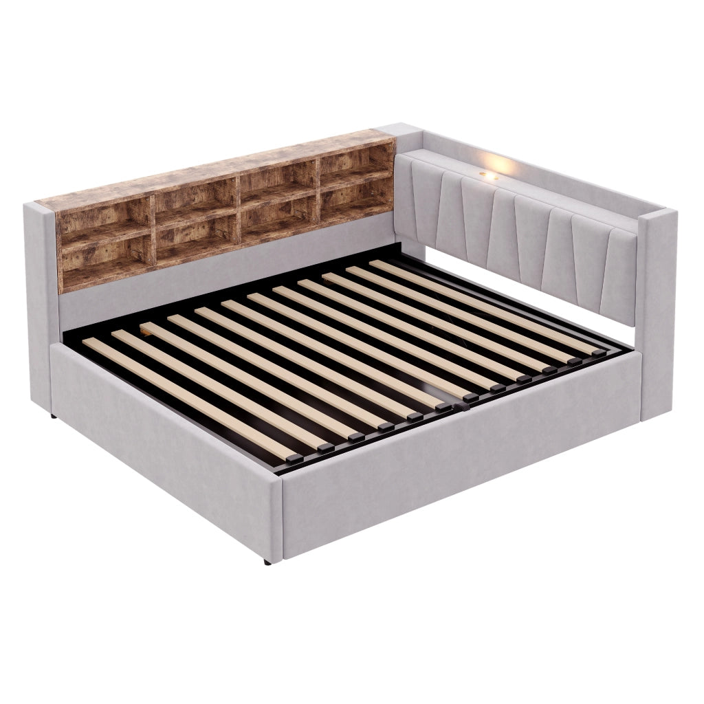 Letto Contenitore 140x200 cm; con USB; Type-C e mensole; in Velluto; Grigio Chiaro