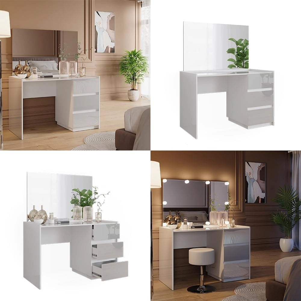 Vicco Tavolo da toilette Marla, Bianco lucido, 120 cm con 3 cassetti e specchio