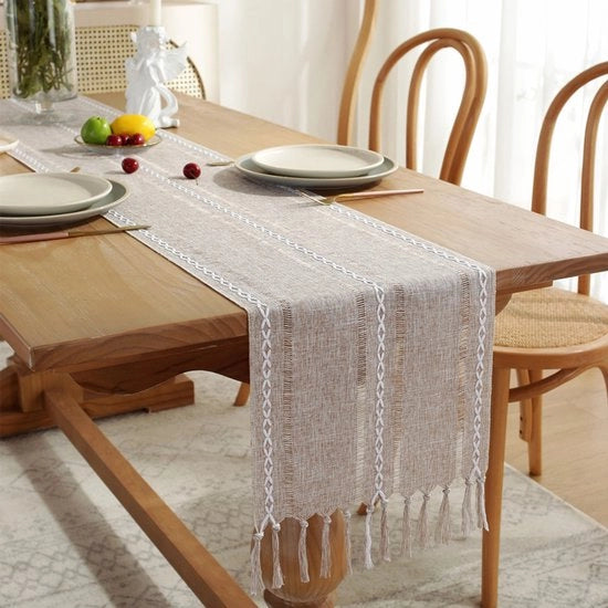 Tavolo da pranzo a quadri con pennelli - Tavolo da pranzo a quadri con bordura decorata con pennelli - Tavolo da pranzo bohemien con quadri e pennelli - Per festa, Natale, cucina, tavola da pranzo, decorazione da tavola per compleanni - 33x122cm
