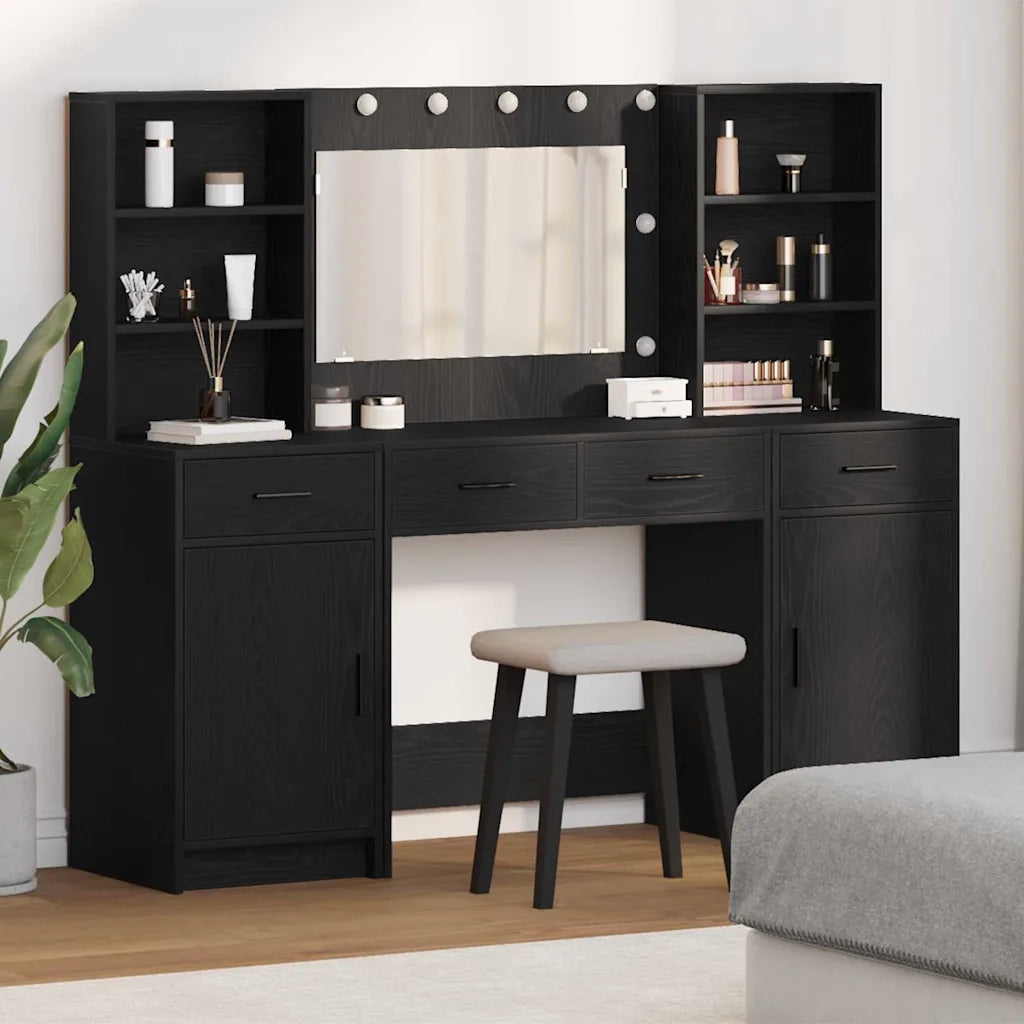 Set da Toeletta | Tavolo da Trucco con LED con cassetto 3 pz Rovere Nero