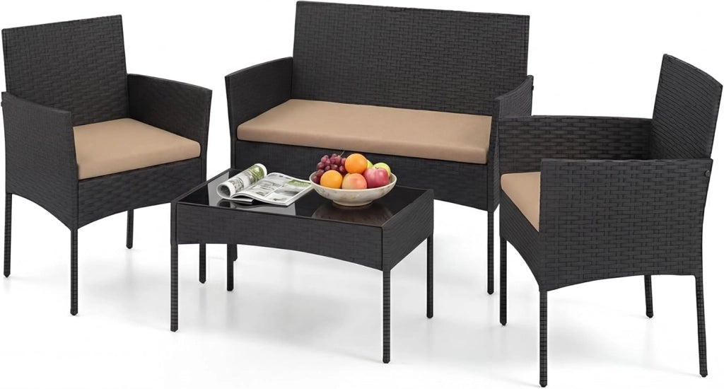 Salotto da Giardino Esterno 4 Pezzi, Set da Esterno in Rattan con Tavolino con Piano in Vetro, Divano 2 Posti e 2 Poltrone, Set da Conversazione con Cuscini per Patio, Balcone e Terrazzo (Tortora)