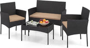 Salotto da Giardino Esterno 4 Pezzi, Set da Esterno in Rattan con Tavolino con Piano in Vetro, Divano 2 Posti e 2 Poltrone, Set da Conversazione con Cuscini per Patio, Balcone e Terrazzo (Tortora)