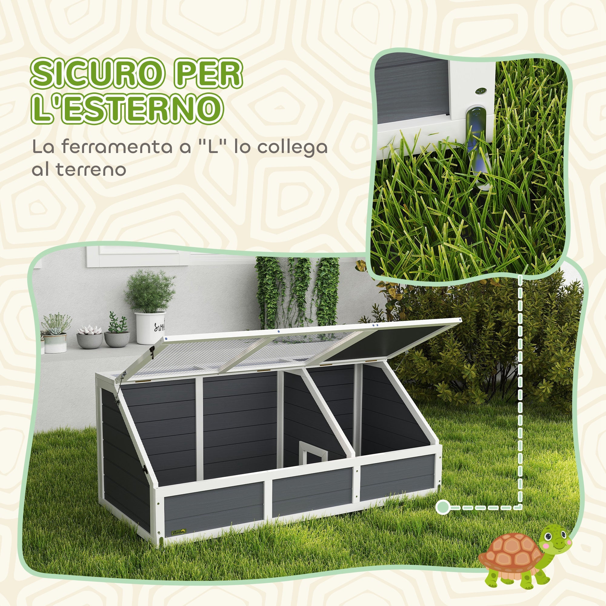 Casetta per Tartarughe di Terra 120x55x50A cm senza Fondo in Legno e Acciaio Grigio e Bianco