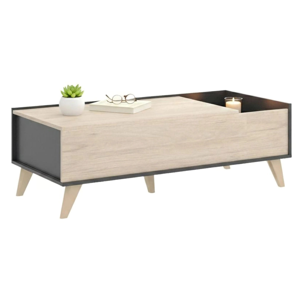 Tavolino da salotto Alexius, Porta riviste da soggiorno con vano portaoggetti, Tavolo basso da caffÒ¨ elevabile, 99x60h41 cm, Antracite e Rovere