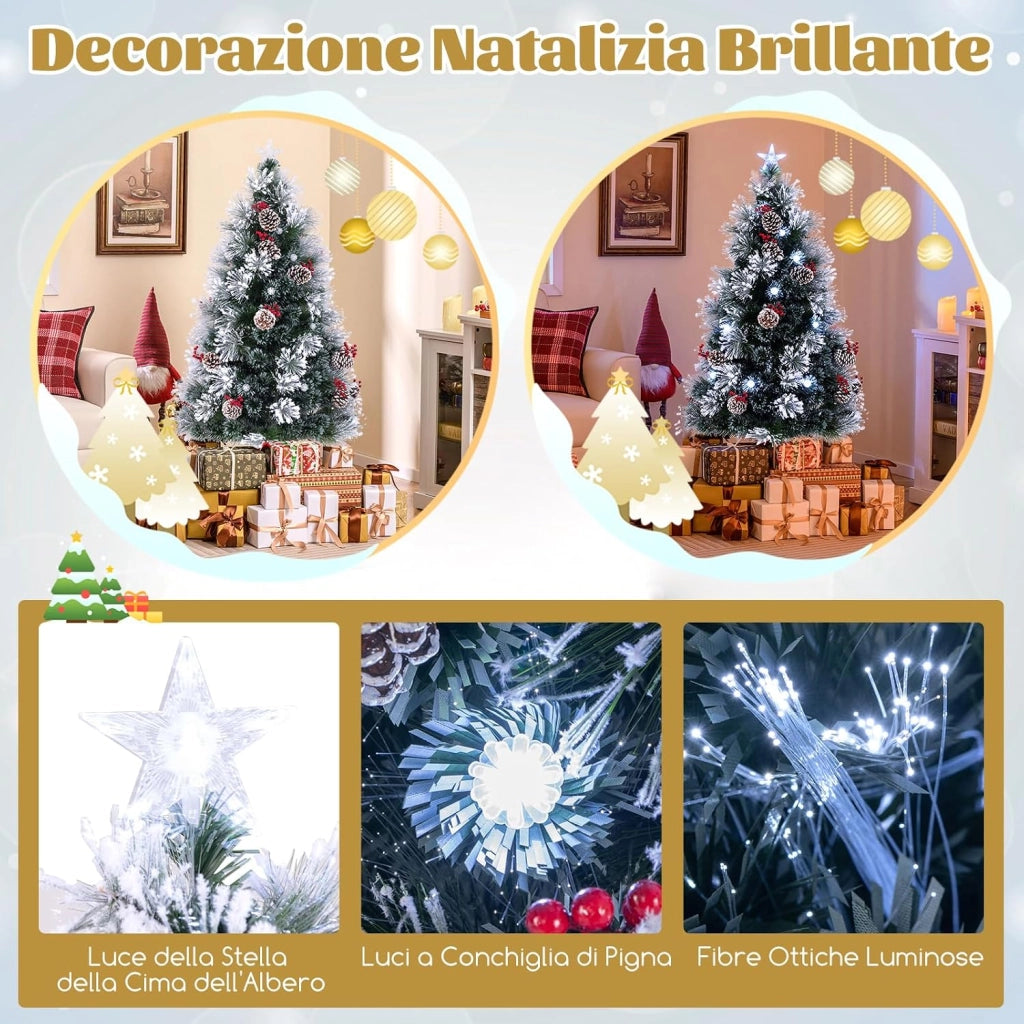 Albero di Natale Innevato 150/180 CM, con Fibra Ottica, 49/63 Luci LED, 8 Modalità di Illuminazione, 170/220 Punte di Rami, Ago di Pino, 18/24 Mazzi di Bacche Rosse e 18/24 Pigne (150 CM)