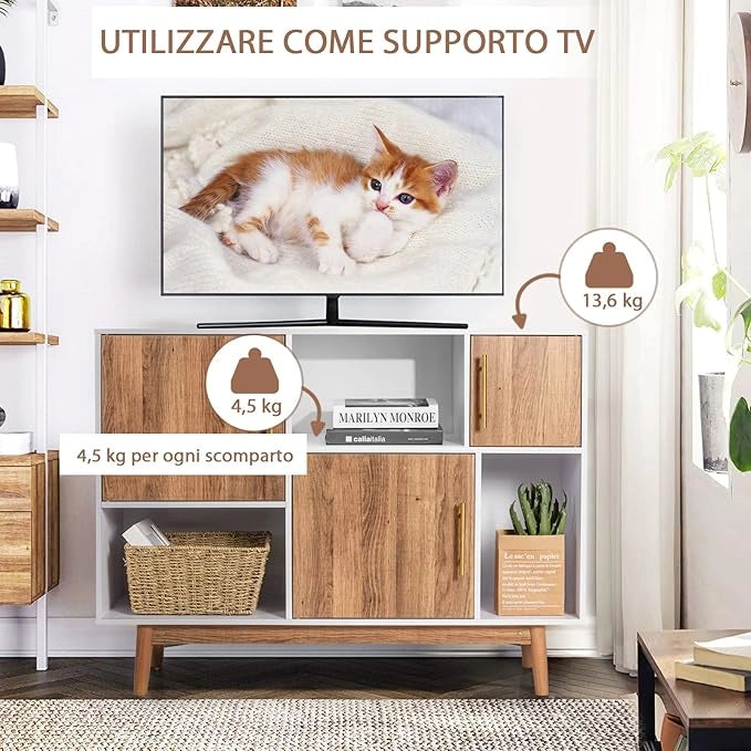 Mobile con 3 Ante e Scompartimenti, Armadietto da Interno Moderno e Versatile, con Gambe, Ideale per Ingresso, Soggiorno e Cucina, 95 x 31 x 76 cm, Bianco e Caffè