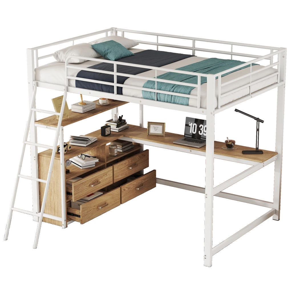 OKWISH Letto a soppalco 140×200 cm, Letto Matrimoniale con Scrivania a L, 4 Cassetti, Mensole e Contenitore, senza Materasso, MDF e Metallo, Bianco