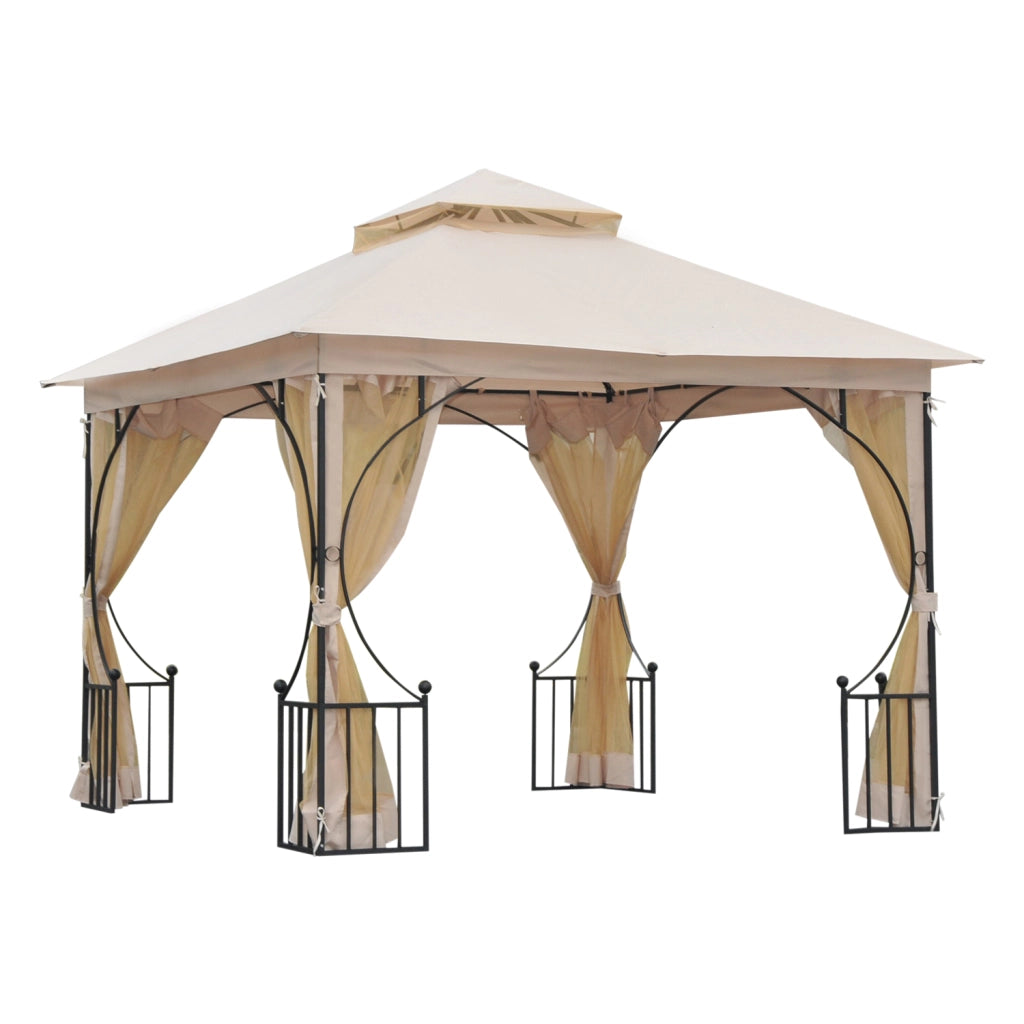 Gazebo per Esterno 3x3m, Gazebo Personalizzato con Pareti Laterali e Doppio Tettuccio in Poliestere, Beige