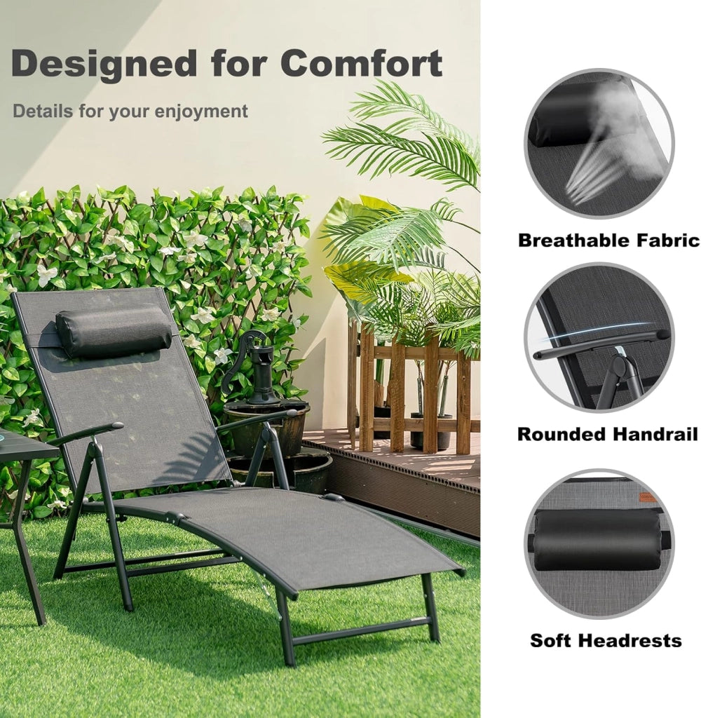 Sedia a sdraio con poggiatesta, lettino pieghevole con schienale regolabile in 7 posizioni, carico 150 kg, sedia da esterno ergonomica con braccioli, 142 x 61 x 103 cm (nero)