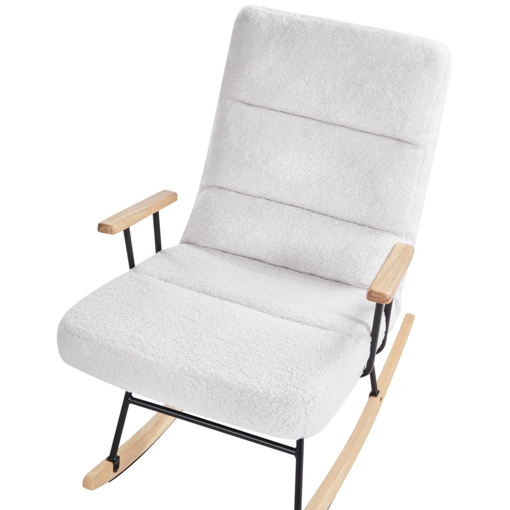 Sedia a dondolo Rivestimento in Boucle bianco sporco Gambe in legno e gomma Schienale reclinabile Soggiorno