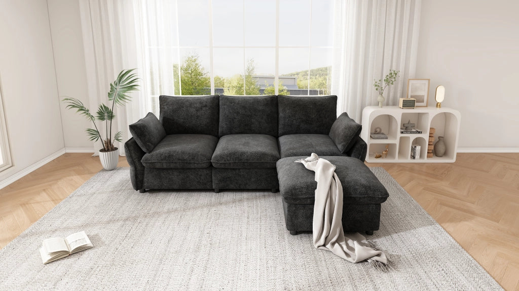 Divano angolare moderno in chenille con ottomana e 2 cuscini, 3 posti, grigio scuro, 222,5 ¡Á 154,5 ¡Á 76,5 cm