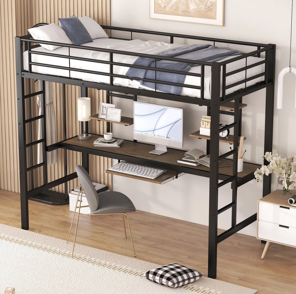 Letto a soppalco in metallo con scrivania e librerie, 90x200 cm, nero