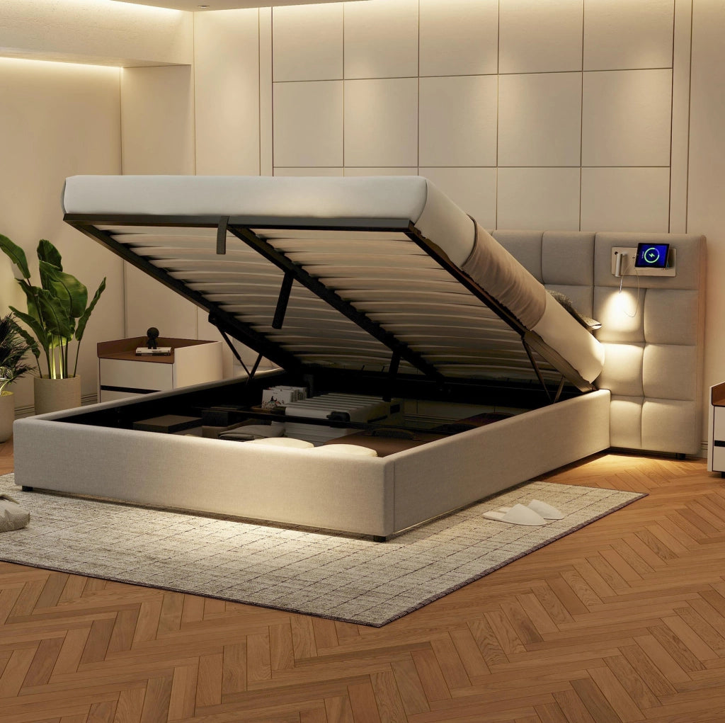 Letto imbottito ULEVR 180x200 cm con contenitore idraulico, USB, ricarica wireless e luce, grigio