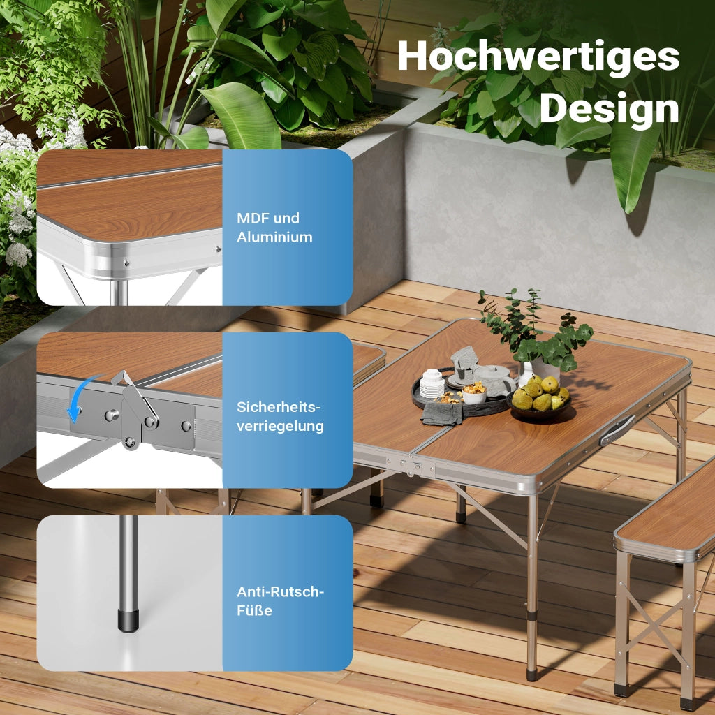 Tavolo pieghevole in alluminio con due panche effetto legno 90x66x70 cm Richiudibile Da campeggio