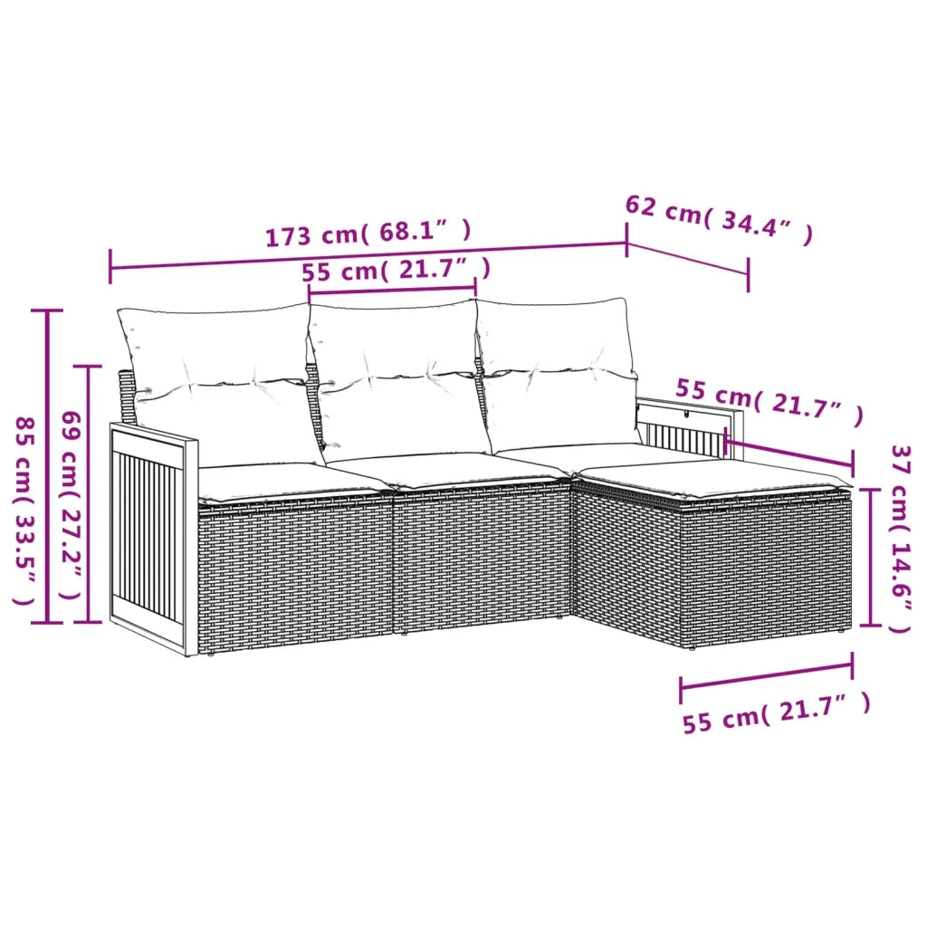 Set Divano da Giardino 4 pz con Cuscini Beige in Polyrattan