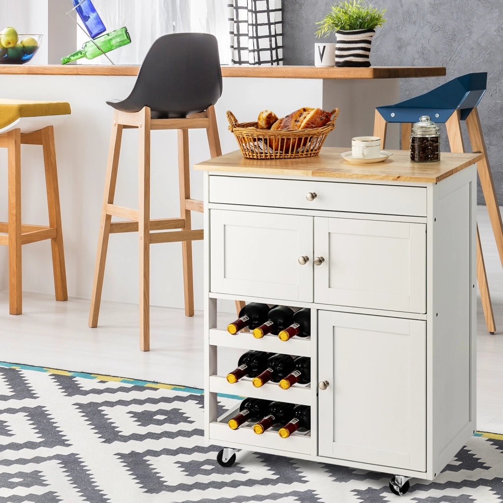 Carrello da cucina con portabottiglie a 3 livelli e cassetto, Isola da cucina con superficie in legno Bianco