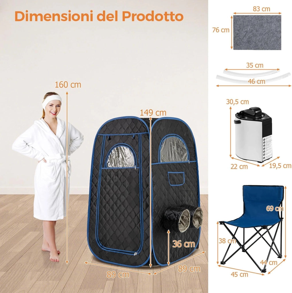 Sauna a Vapore Portatile 3L, Sauna da Casa con 9 Livelli di Regolazione della Temperatura da 40-65℃, Telecomando, Sedia Pieghevole e Massaggiatore per Piedi in Legno (Nero)