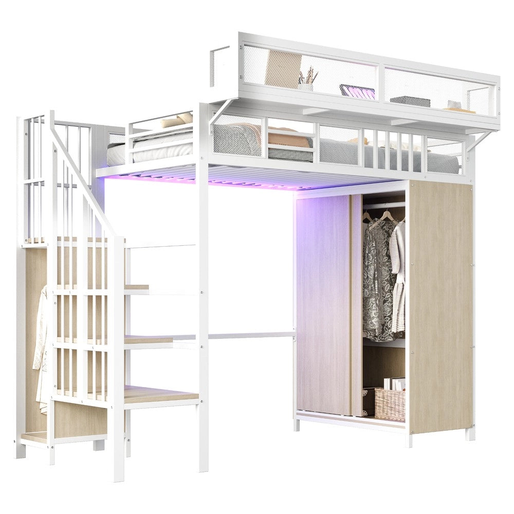 Letto a Soppalco con Armadio e LED ¨C MINIMAL ¨C Metallo Bianco 90x200