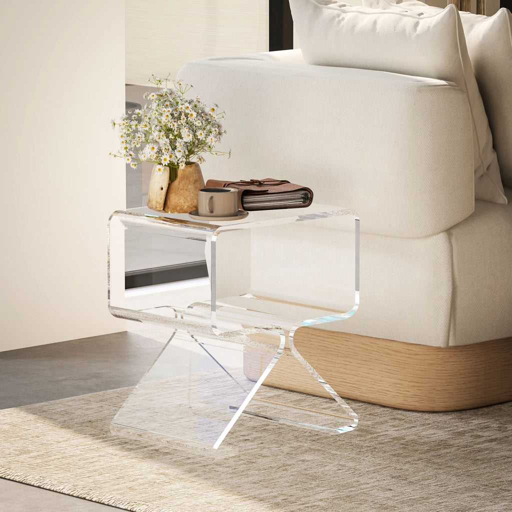 Tavolino Basso Geometrico a 2 Livelli in Acrilico con Gambe Triangolari, 40x30x45 cm, Trasparente