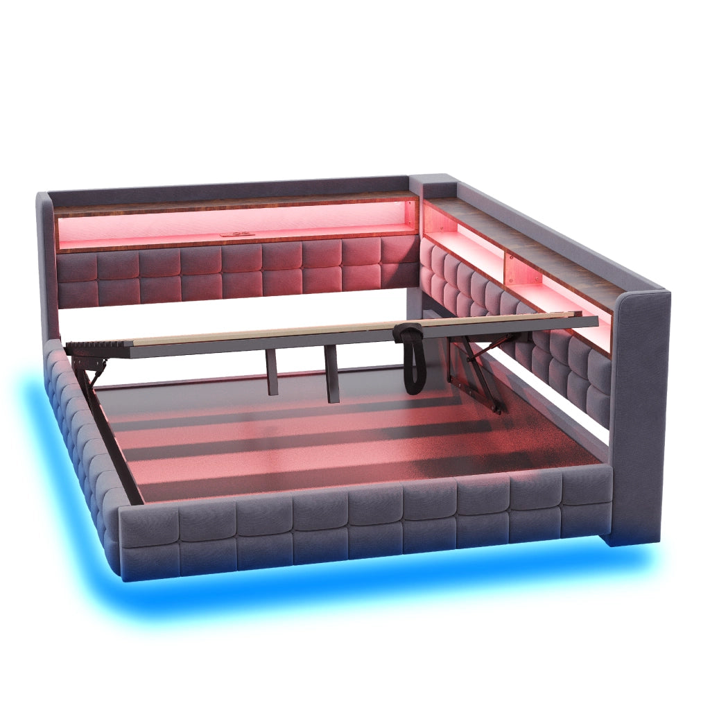 DESMIU Letto Divano 140 × 200 cm 1 posto con vano idraulico, ripiani, LED, USB e Type-C, senza materasso, grigio