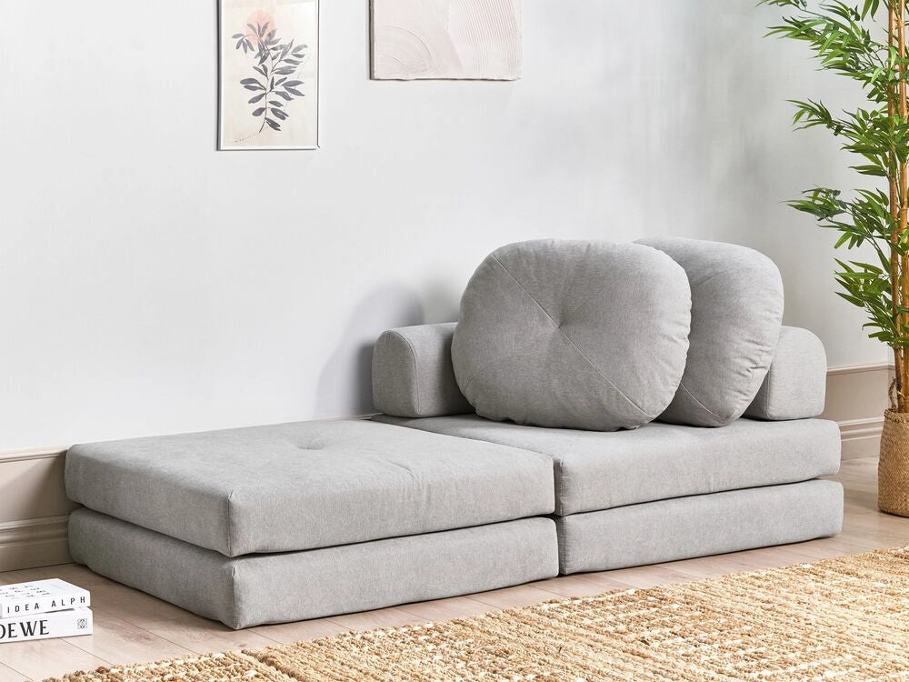 Divano pieghevole e trasformabile in letto in tessuto grigio chiaro stile moderno soggiorno