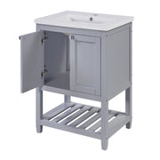 Mobile sottolavabo da terra con lavabo in ceramica; spazio aperto sotto il mobile; in legno massello e MDF; grigio e bianco