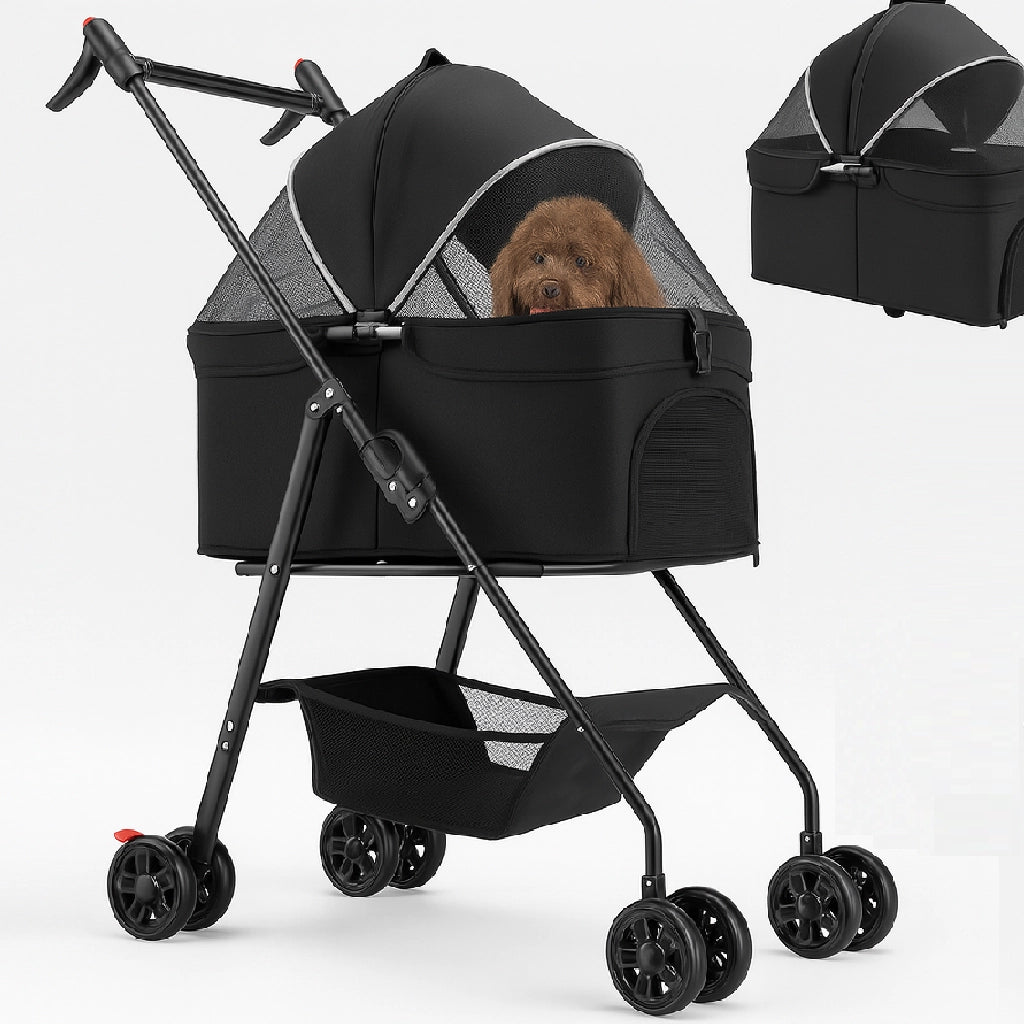 Passeggino per Cani Gatti 2in1 Cestello Rimovibile Pieghevole e Traspirante Nero