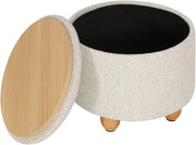 Pouf Contenitore con Coperchio, Pouf Poggiapiedi in Lino Grosso, Sgabello Tondo Salvaspazio con Gambe in Legno di Pino per Soggiorno, Corriodio, Camera, Ø 39x33 cm, Beige