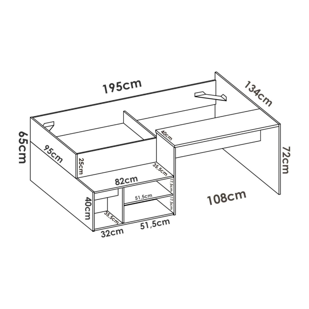 Letto per bambini Argh, Lettino singolo per cameretta, Set con scrivania e scaffali, 195x134h73 cm, Bianco e Rovere