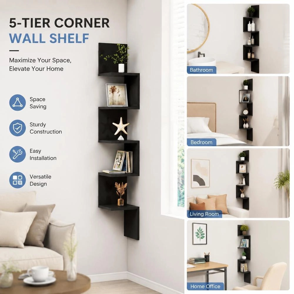 Wall Corner Shelf, Black, 20x20x127.5 Cm, Wood-based Material