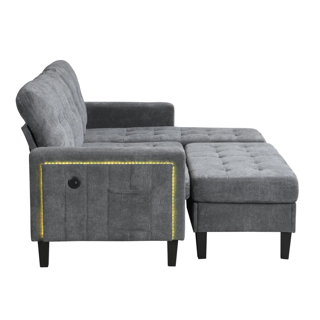 Divano letto angolare 3 posti - con pouf mobile; LED e USB - in chenille grigio antico