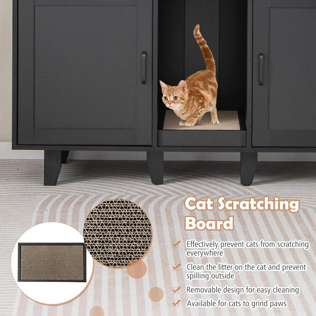Mobile Lettiera per Gatti con 2 Ante, Armadio per Gatto in Legno con Ingresso Centrale e Tiragraffi, Grotta Rifugio Multiuso per Soggiorno e Camera da Letto, 120 x 52 x 65 cm (Nero)