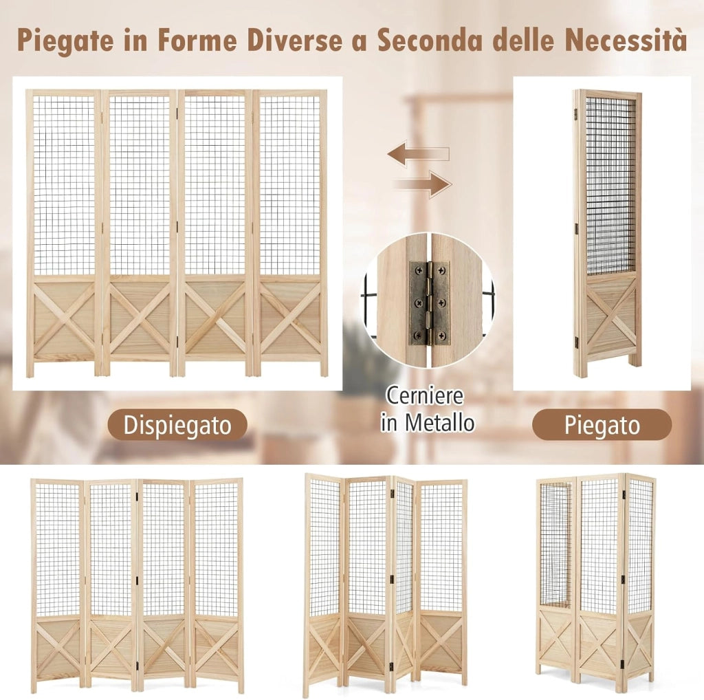 Paravento a 4 Pannelli, Separé Divisorio Interno Pieghevole, Pannelli Divisori a Griglia in Legno per Casa, Ufficio, Fiera dell'Artigianato, Vendita al Dettaglio, Eventi