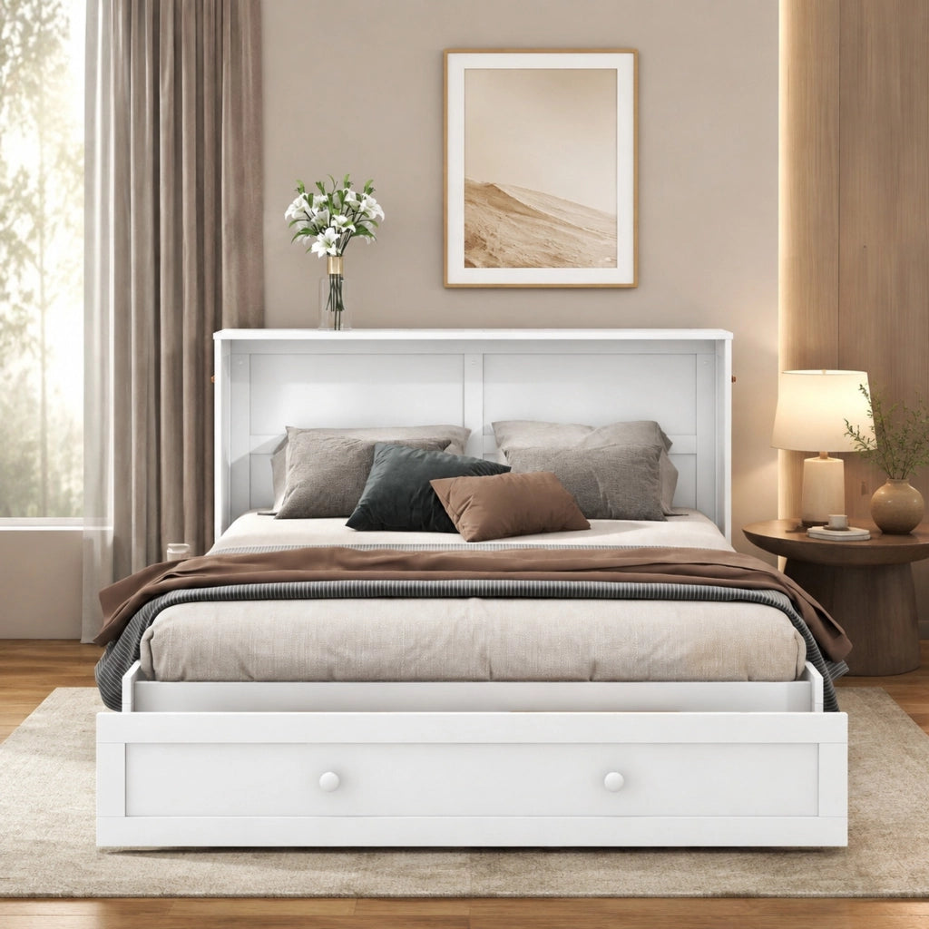 Letto a scomparsa 140x200 cm con cassetto e ripiani bianco