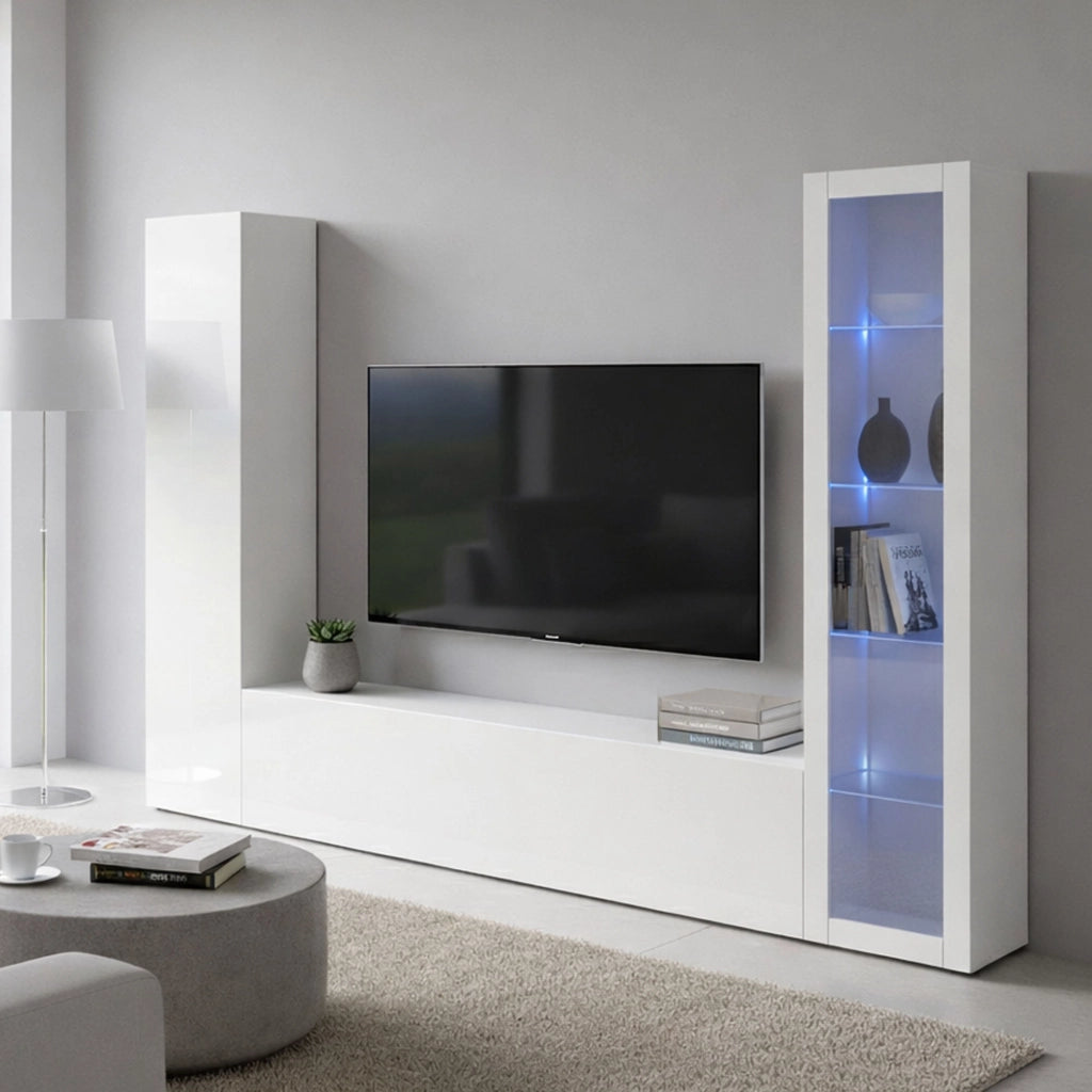 Mobile Soggiorno Felicina, Parete Attrezzata 9 Ripiani Made in Italy, 260x30x180h cm Bianco Lucido