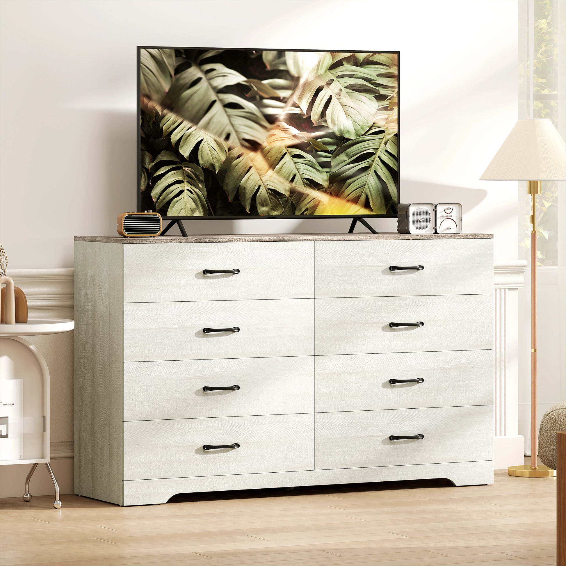 Cassettiera 8 Cassetti Moderna 140x40x86 cm in Legno Noce e Grigio Chiaro