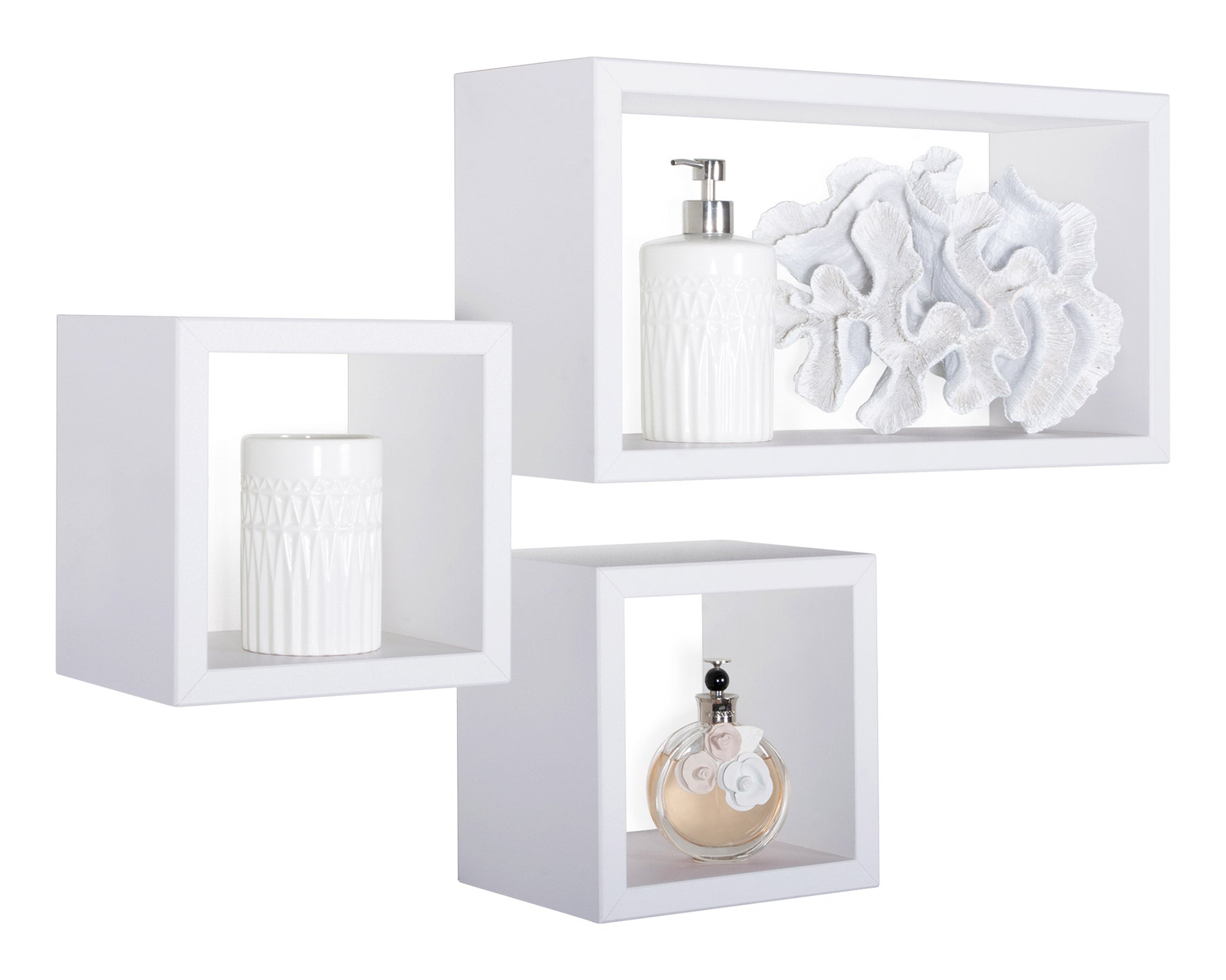 Set 3 Mensole Cubo da Parete Quadrato e Rettangolare in Fibra di Legno Tribù Bianco