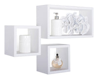 Set 3 Mensole Cubo da Parete Quadrato e Rettangolare in Fibra di Legno Tribù Bianco