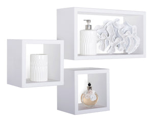 Set 3 Mensole Cubo da Parete Quadrato e Rettangolare in Fibra di Legno Tribù Bianco