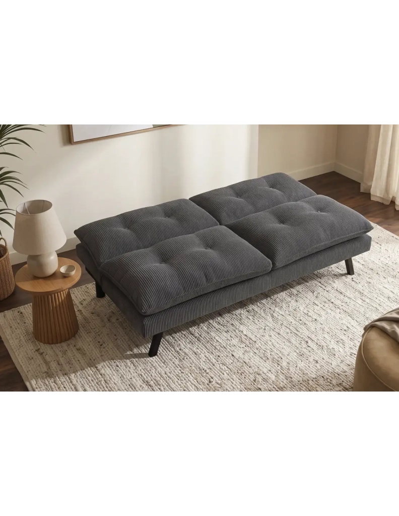 Divano letto AZENA 3 posti in tessuto a coste – Grigio scuro e nero – 190 x 80 x 90 cm