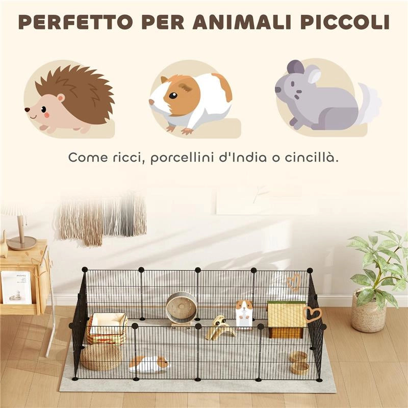RECINTO PER ANIMALI MODULABILE CON 12 PANNELLI 35X35 CM E BORDI ARROTONDATI IN METALLO E ABS 140X70X35 CM NERO